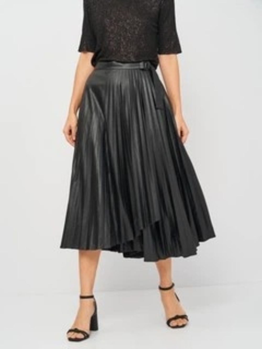Zara Black Pleated Faux-Leather Midi Skirt